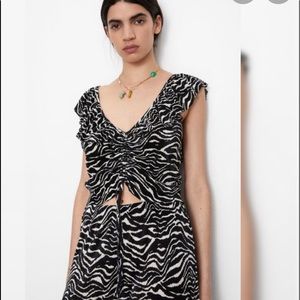 ZARA Zebra Plisse Top Black White Ruffles Scrunched Tie Front Cinched Shirt y2k